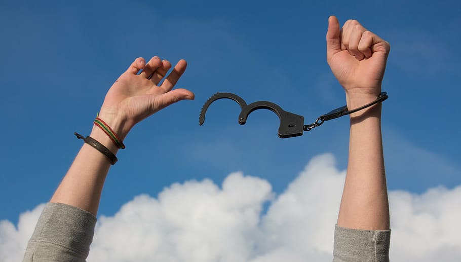 person, freeing, handcuff, view, blue, sky, dom, hands, handcuffs, clouds