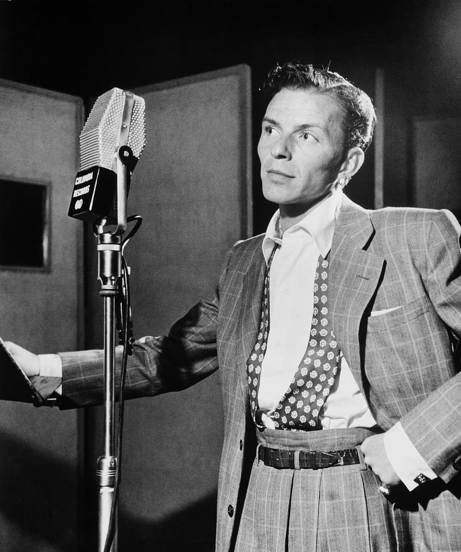 grayscale photo, man, standing, condensing, microphone, frank sinatra, 1947, portrait, singer, actor