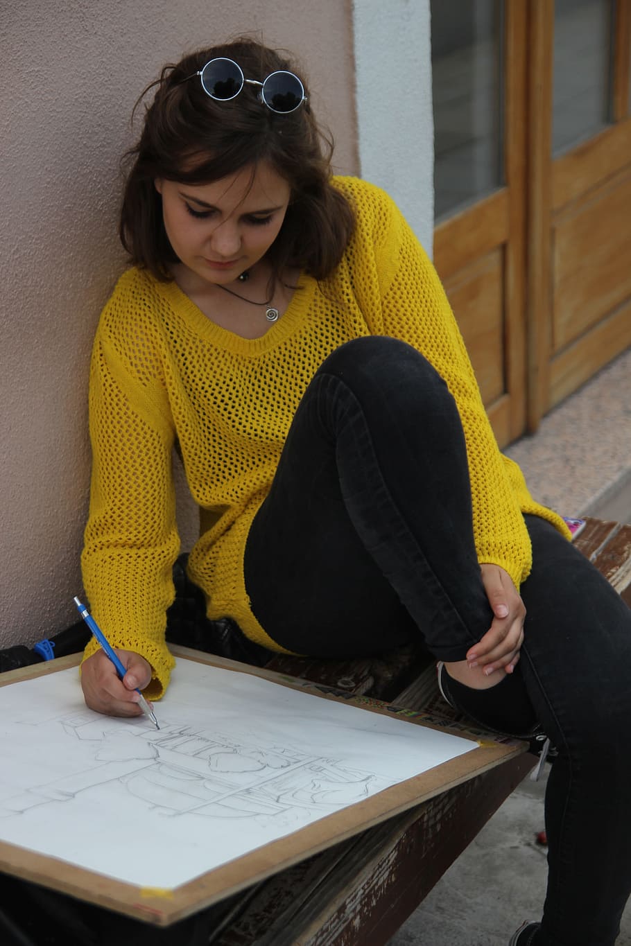 woman, drawing, sitting, corner, girl, nature, yellow, student, architecture, paint