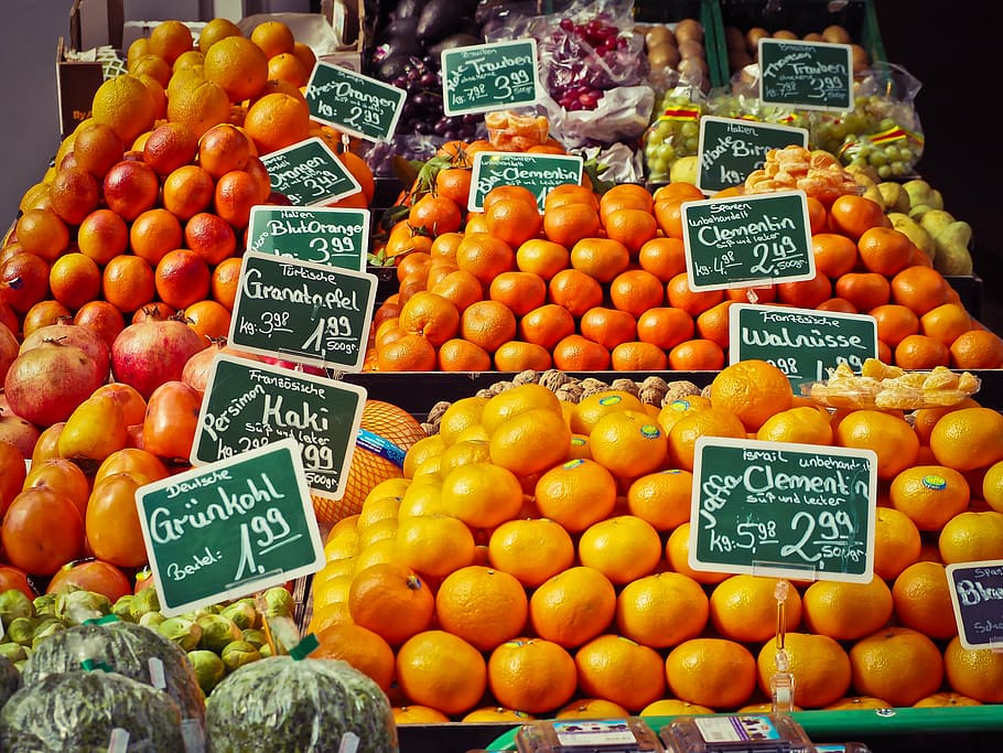 orange fruit lot, fruit, fruit stand, fruits, market stall, healthy, food, sale, apple, vitamins