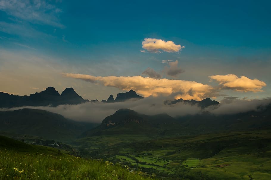 mountains, covered, clouds, drakensberg mountains, south africa, sky, landscape, mountain, nature, mountain Peak