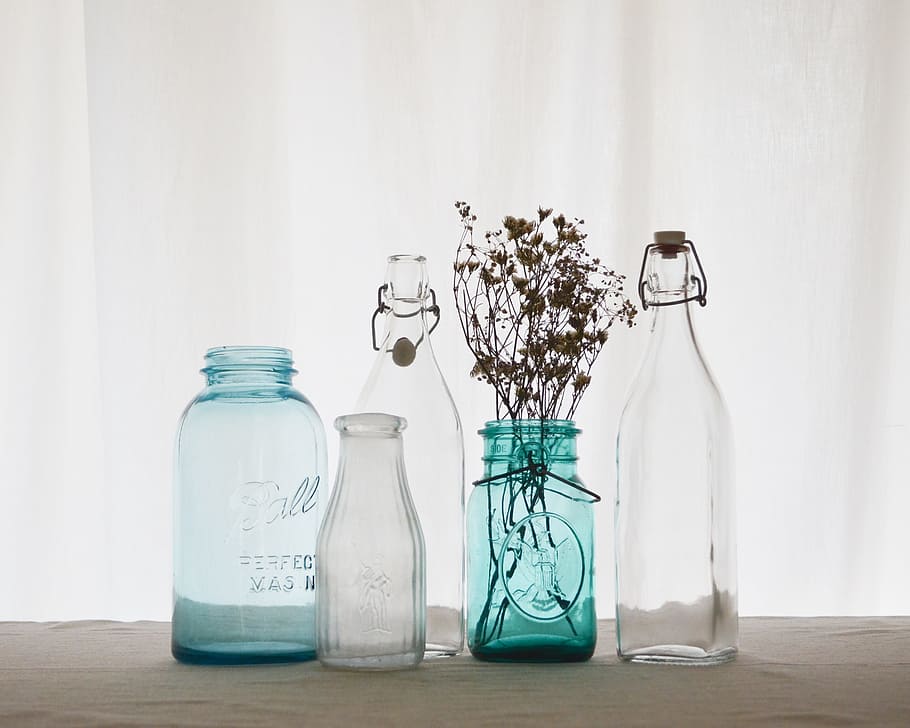 four, clear, blue, glass bottles, bottle, container, glass, aromatherapy, jars, transparent
