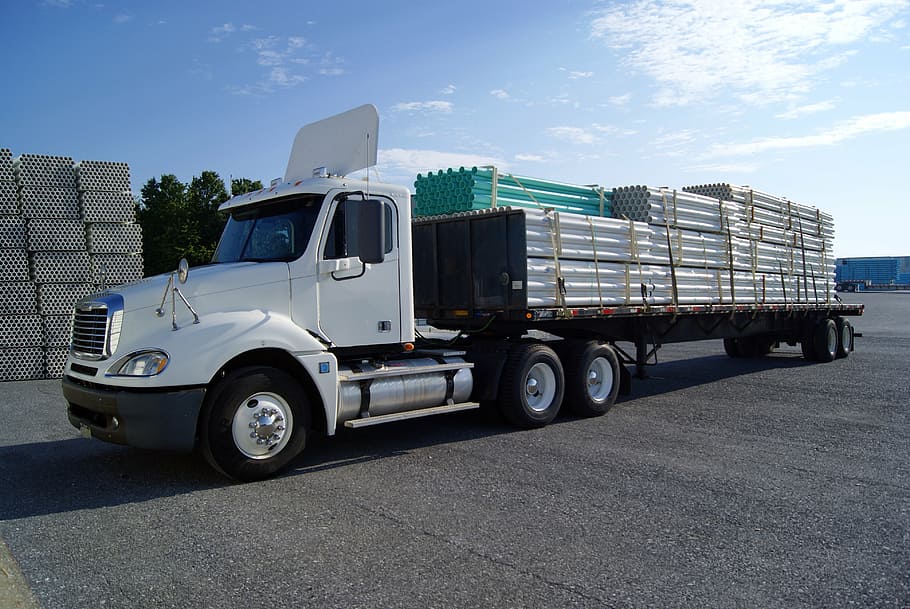 white, freight truck, gray, concrete, road, truck, load, transport, freight Transportation, transportation