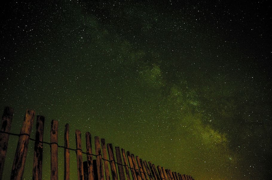 low, angle view, stars, wooden, fence, graphics, dark, sky, twilight, wood