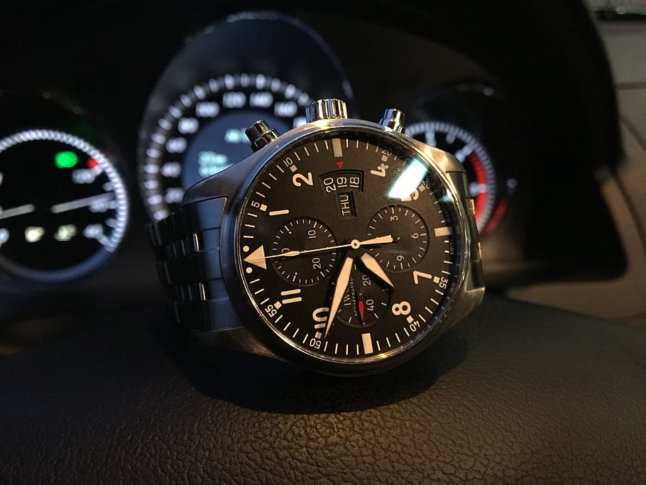 watch, wristwatch, iwc, pilot watch, car, steering wheel, mercedes, time, close-up, number