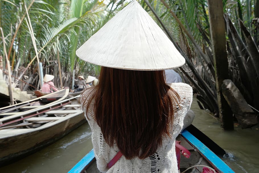 woman, wearing, conical, riding, boat, vietnam, the mekong, the mekong river, travel, viet nam travel