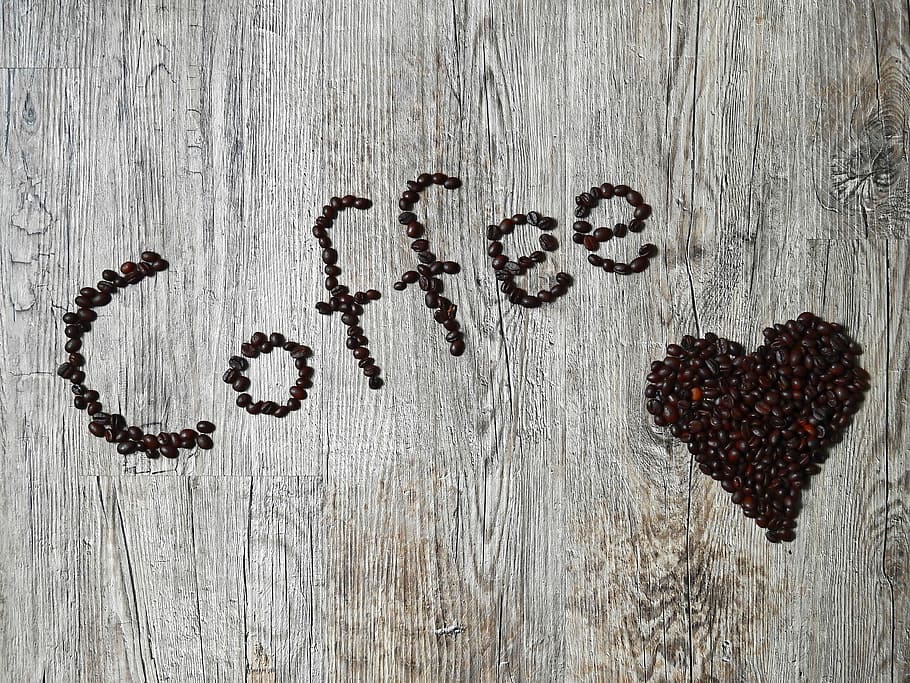Granos de café, frijoles, café, corazón, letras, tostado, madera, fondos, madera - Material, forma de corazón