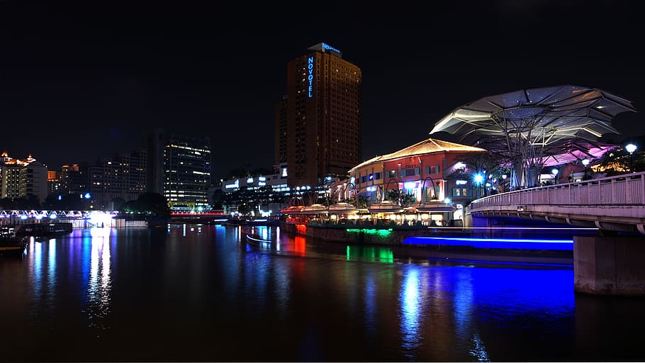 Singapura, Malam, Sungai, diterangi, refleksi, kota, arsitektur, eksterior bangunan, struktur yang dibangun, air
