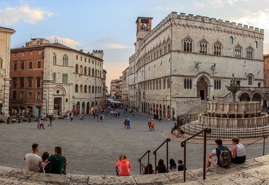 group, people, sitting, front, building, perugia, umbria, italy, piazza, view
