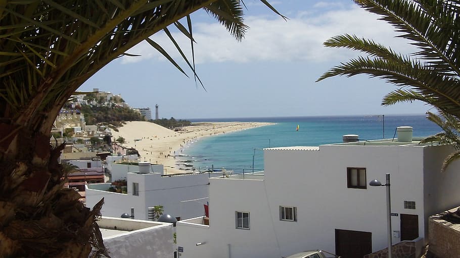 white, houses, beachline, fuerteventura, canary islands, summer, jandia, coast, water, sea