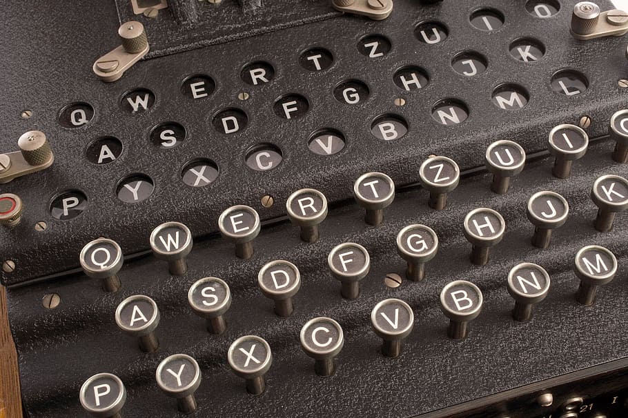 black typewriter, rotor cipher machine, enigma, electro-mechanical, communication, secret, antique, technology, type, nostalgia
