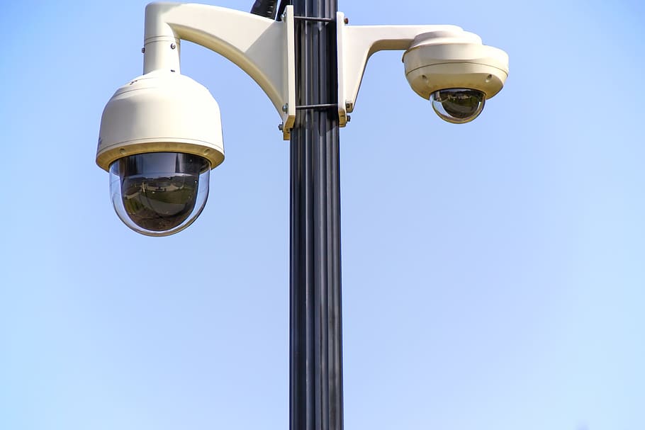 two, white, dome pole security cameras, rotary camera, monitoring, safety, surveillance, the police, the investigation, high technologies