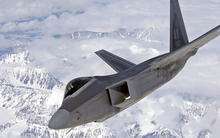 grey, jet, soaring, clouds, raptor, f-22, aircraft, military, air force, mountains