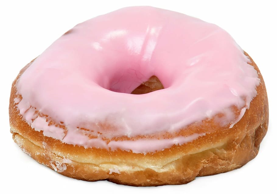pink icing-covered dougnut, cake, pastry, sweet, sugar, unhealthy, food, fat, diet, delicious