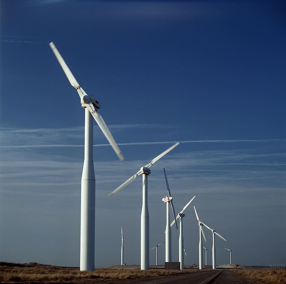 moinhos de vento, fazenda, tecnologia, energia, campo, poder, turbina, renovável, gerador, eletricidade
