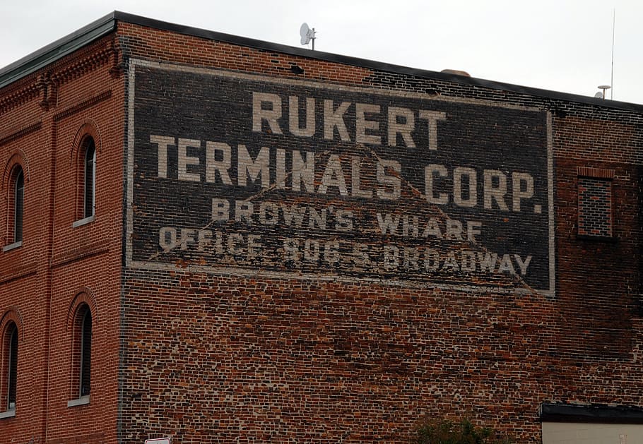 wharf, painted sign, sign, vintage, wall, painted, harbor, signage, baltimore, brick