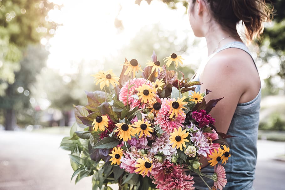 woman, holding, bouquet, flowers, girl, sunshine, female, hair, arm, skin