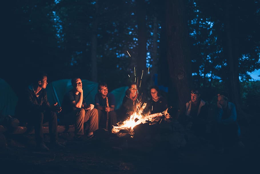 seven, men, sitting, front, bonfire, nighttime, seven men, outdoors, campfire, camping