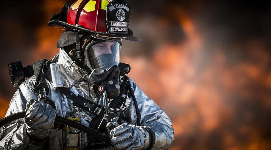 closeup, foto, pemadam kebakaran, potret, pelatihan, monitor, panas, berbahaya, membakar, api
