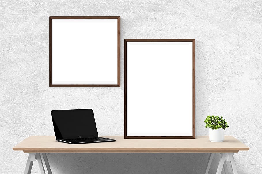 black, laptop computer, table, front, two, photo frames, poster, mockup, wall, template