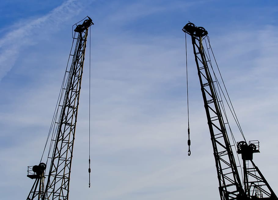 crane, derrick, two, industry, industrial, harbour, harbor, lift, silhouette, dock