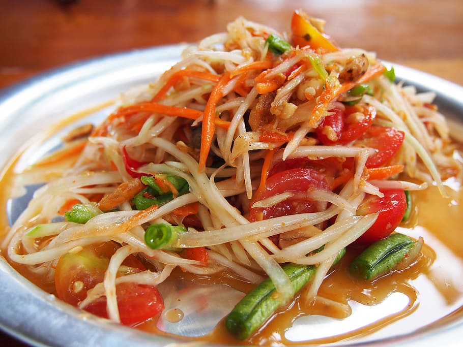 closeup, foto, dimasak, pasta sayur, salad pepaya, pedas, makanan, thailand, somtam, makanan dan minuman