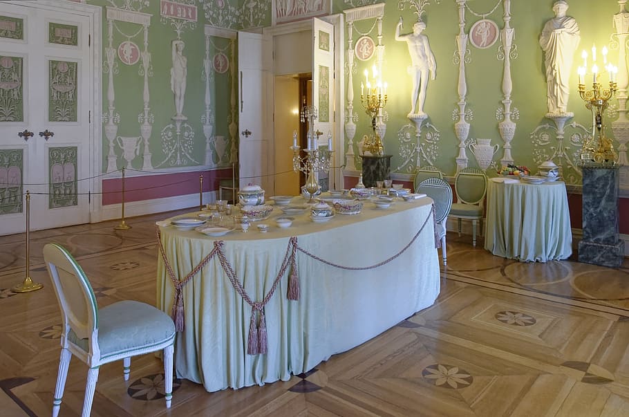 sankt petersburg, catherine's palace, table, furniture, within, chair, room, seat, indoors, tablecloth