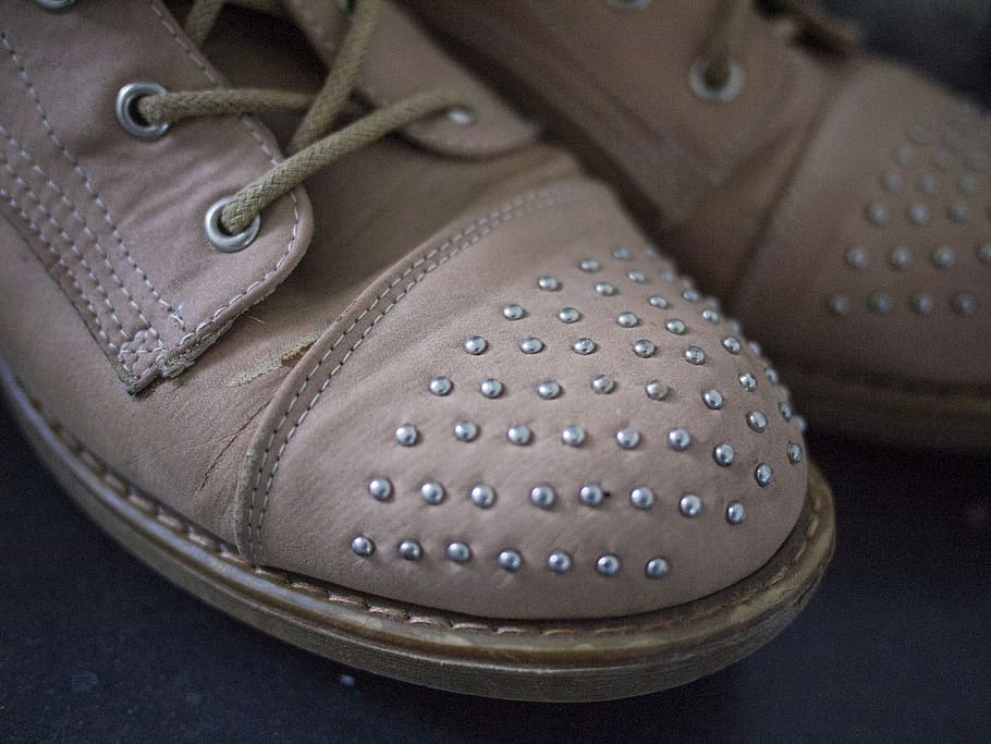 shoes, studs, fashion, laces, close-up, indoors, still life, shoe, table, focus on foreground