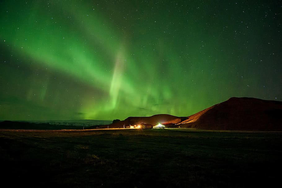 北部, ライト, アイスランド, オーロラ, 夜, 自然の美しさ, 山, 空, 緑の色, 星-スペース