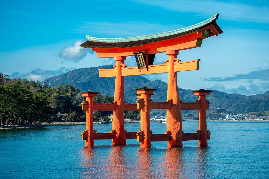 brown, wooden, tori gate, body, water, hiroshima, japan, japanese, landmark, architecture