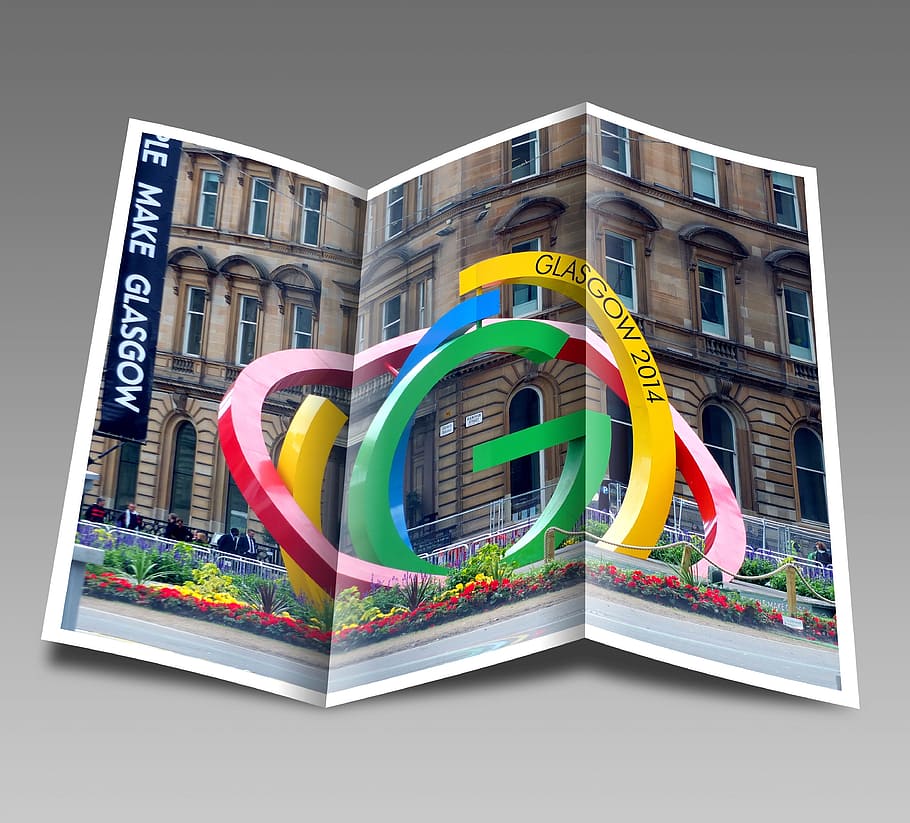multicolored chart, booklet, pamphlet, glasgow, scotland, commonwealth games, sport, logo, marketing, leaflet