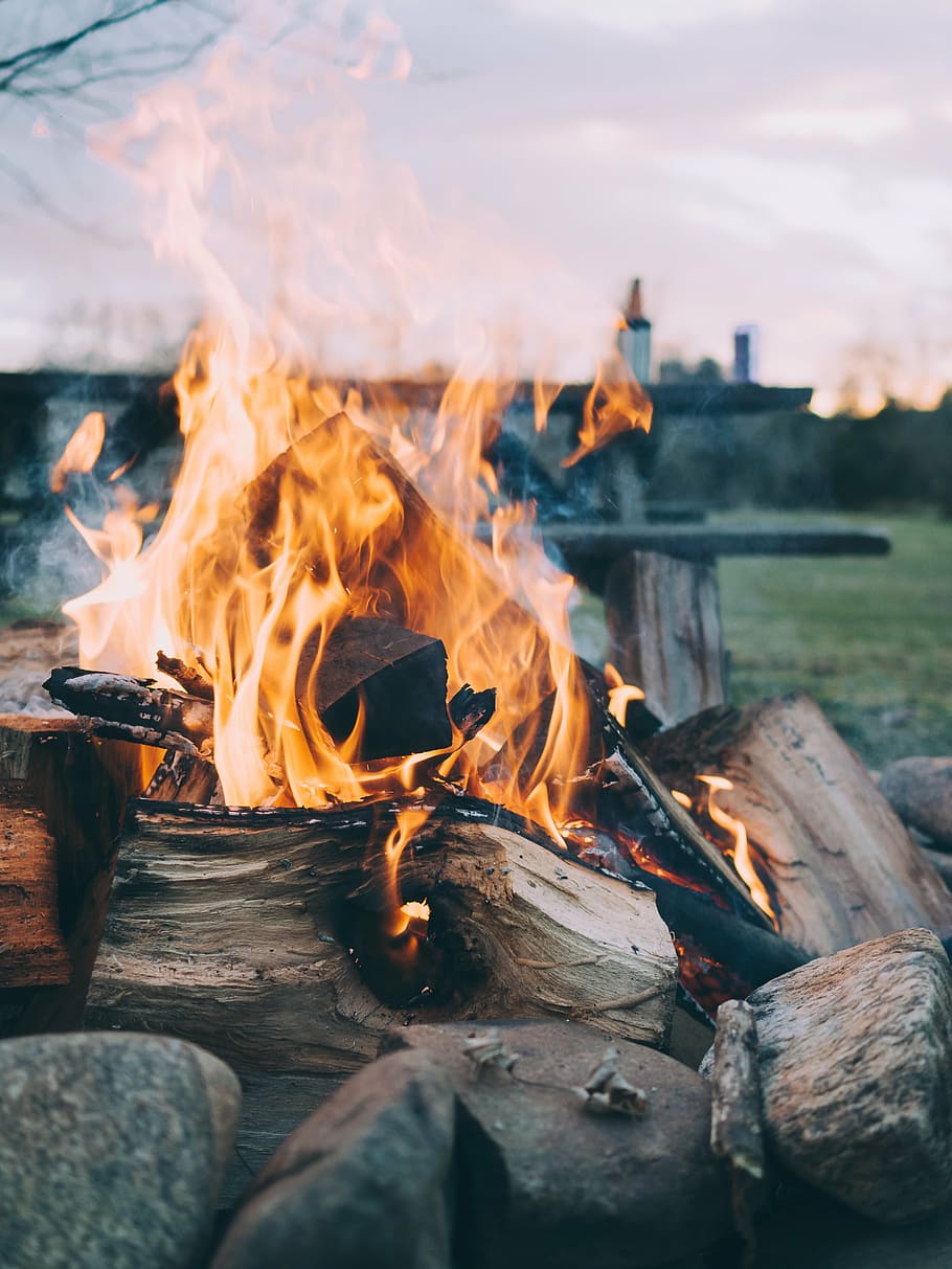 firewood, covered, fire, daytime, camp, woods, rock, spark, chair, bench
