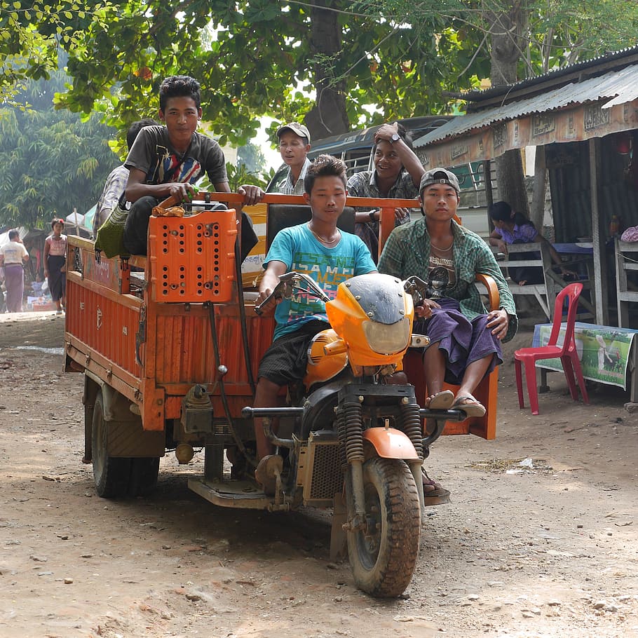 vehicle, myanmar, burma, boy, transport, motor transport, transportation, group of people, men, real people
