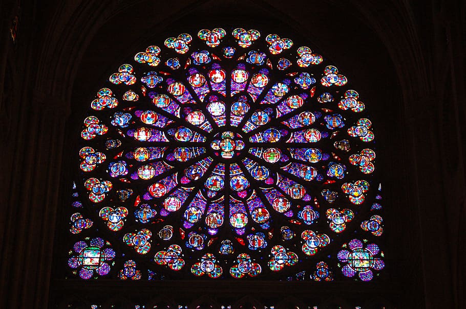 cathedrals, paris, glass, mosaic, rose window, stained glass, multi colored, indoors, religion, architecture