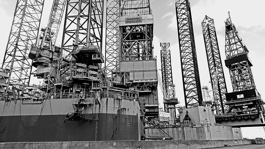 rig pengeboran, pelabuhan, esbjerg, lepas pantai, minyak, denmark, industri minyak, hitam-putih, industri, struktur yang dibangun