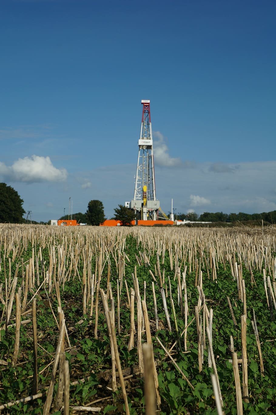 gas, oil rig, drilling rig, sky, plant, field, land, nature, agriculture, tower