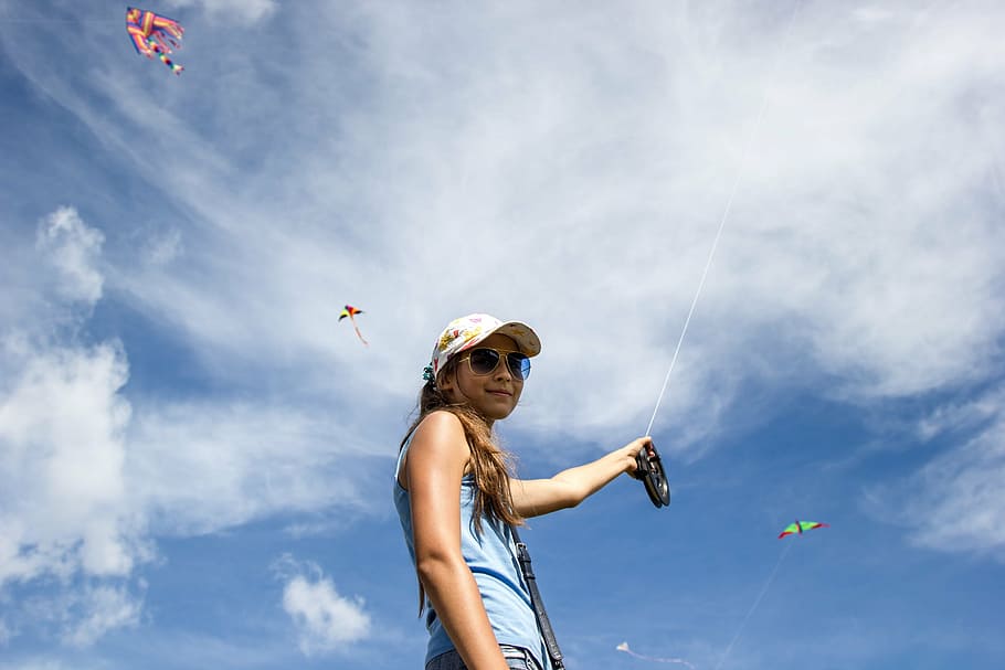 woman, holding, wire, kite, childhood, sky, happiness, joy, weather, sunny