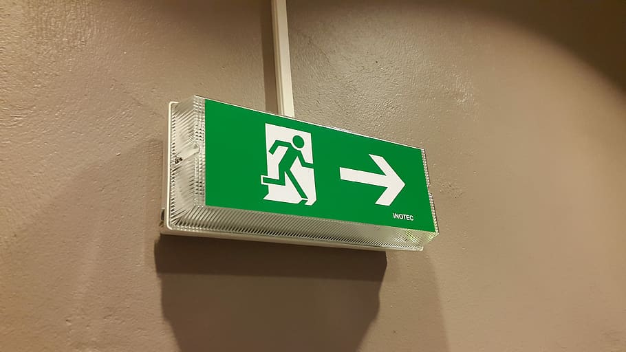 green, white, signage, wall, Emergency Exit, Escape, Rescue, Security, escape route, direction