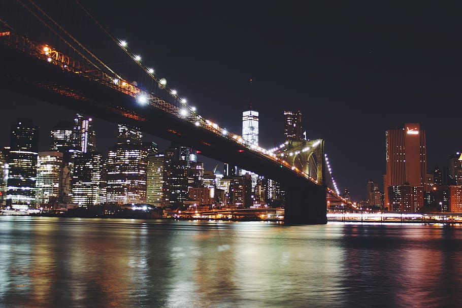 black, bridge, night time, brooklyn bridge, new york, manhattan, river, city, skyline, architecture