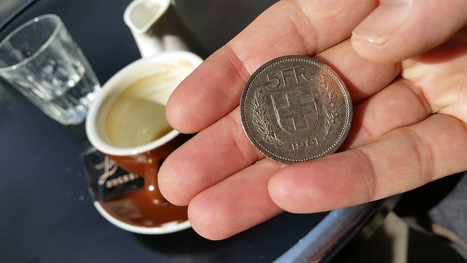 silver-colored 5 fr coin, swiss franc, chf, switzerland, five prefer, five vines piece, schnägg, coffee, limmatplatz, zurich