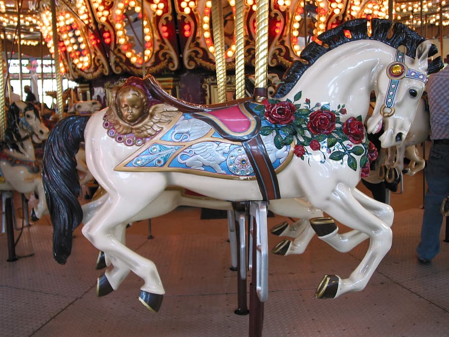white, blue, horse carousel, empty, carousel, horse, wooden, retro, nostalgic, merry-go-round