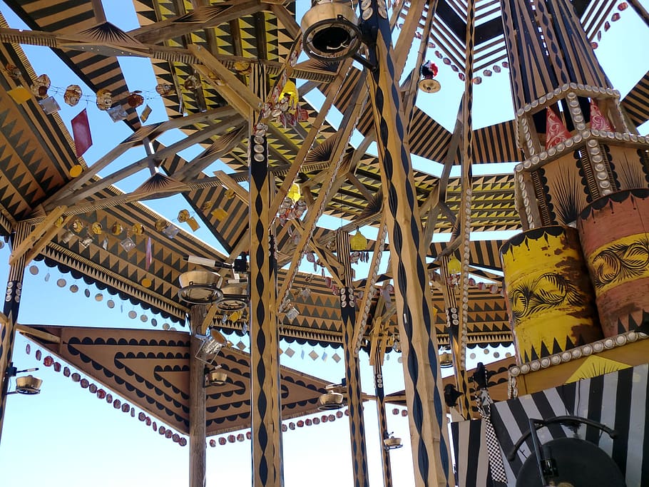 gamelatron, goatrance, portugal, festival, craft, wood, hippie, music, clamps, low angle view