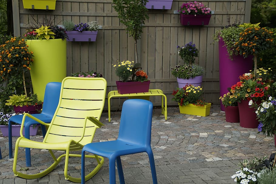 garden, terrace, flower pots, flowers, planted, pots, paved, seating, colorful, chair