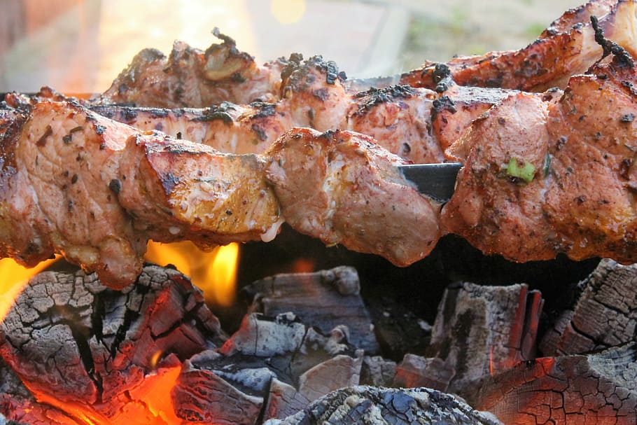 daging panggang, shish kebab, api, arang, piknik, luka bakar, persiapan, daging, halal, mangal