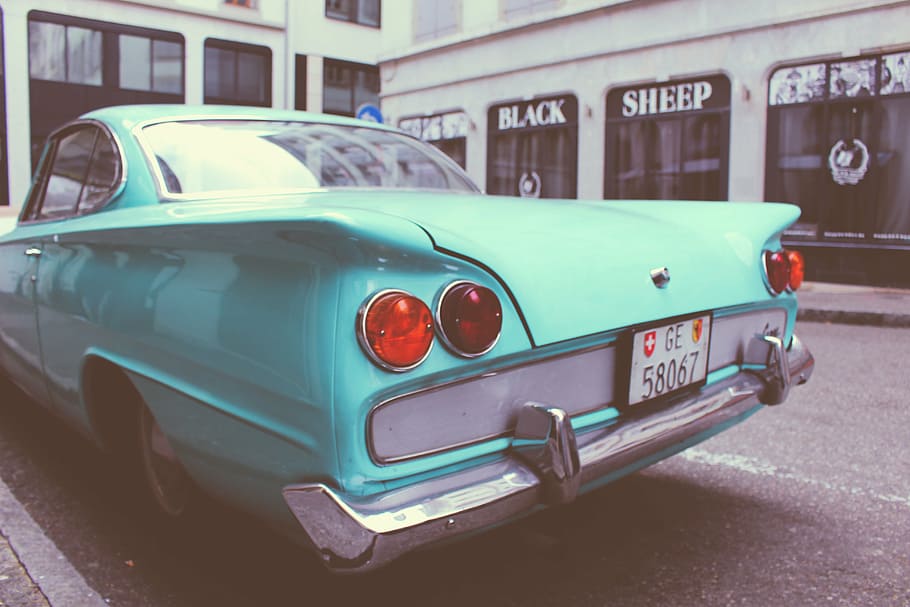 green, coupe, road, car, vehicle, transportation, street, vintage, old, old-fashioned