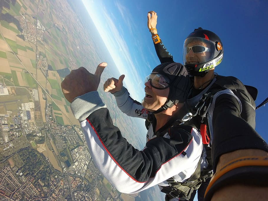 two, person, talking, skydiving, daytime, parachute, tandem, skydive, sport, extremely