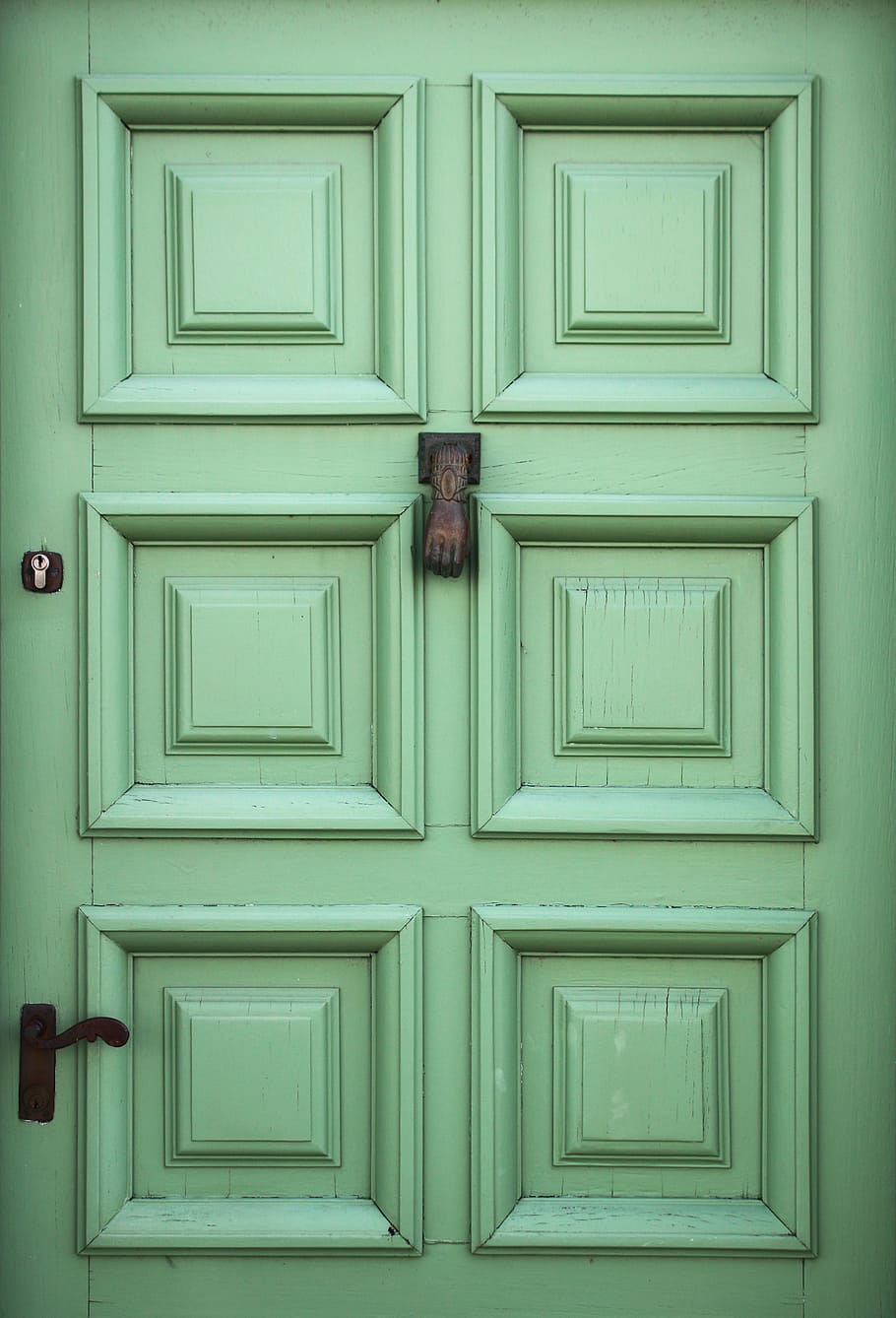 Green door, green wooden 6-panel door, entrance, door, closed, architecture, wood - material, built structure, protection, full frame
