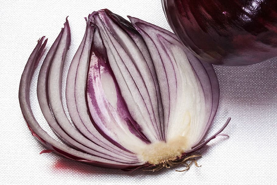 onion, allium cepa, red onion, sliced, sulfide containing, essential oils, raw, antibacterial, layer, skin