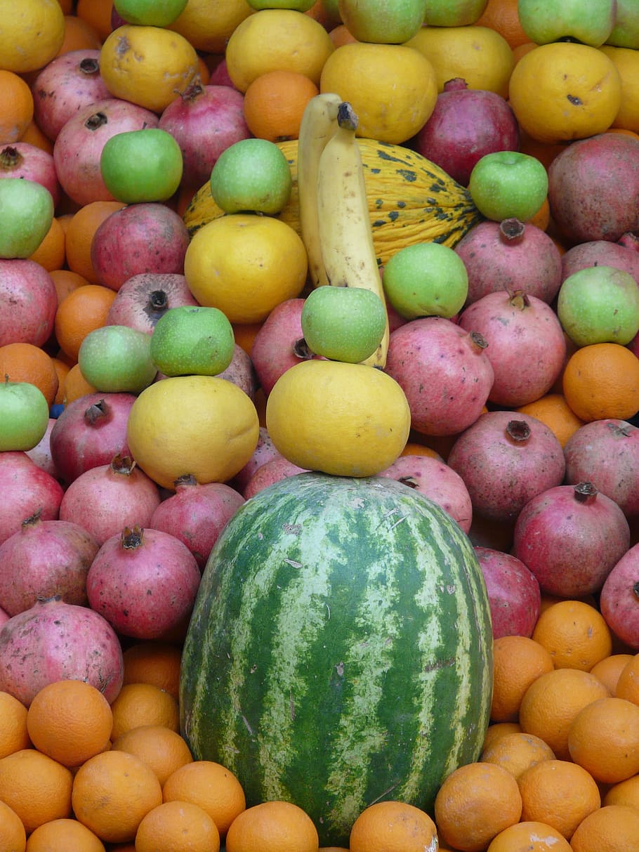 Mercado, fruta, melón, limones, frutas, manzana, banen, granadas, naranjas, mandarinas