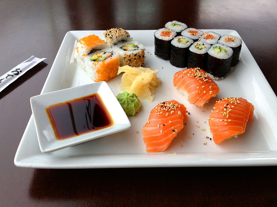 sushi, square, white, ceramic, plate, rice, dish, sashimi, eat, restaurant